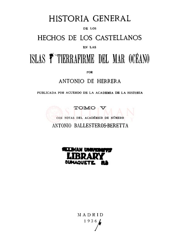Thumbnail for Historia general de los hechos de los Castellanos en las islas y tierra firme del mar océano, Tomo V