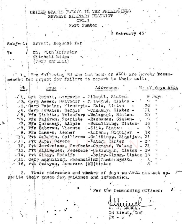 Thumbnail for Arrest request for soldiers Absent Without Leave (AWOL) from the 78th Infantry, USFIP 7th Military District, Cpt-1, Fort Suster