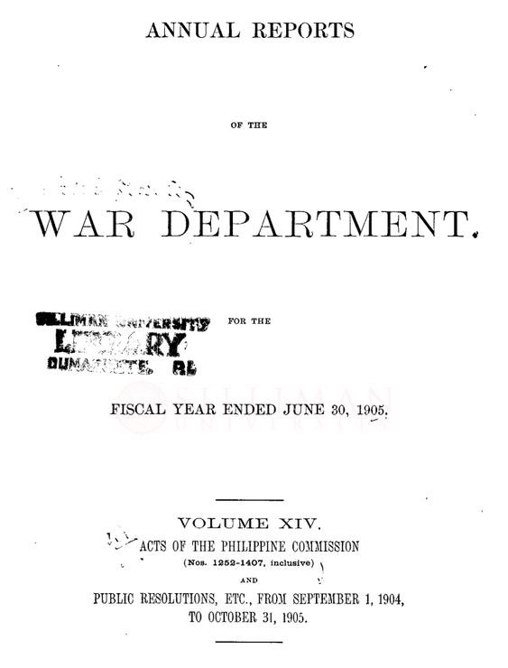 Thumbnail for Annual reports of the War Department for the fiscal year ended June 30, 1905, Volume 14: Acts of the Philippine Commission (Nos. 1252-1407, inclusive) and public resolutions, etc., from September 1, 1904, to October 31, 1905