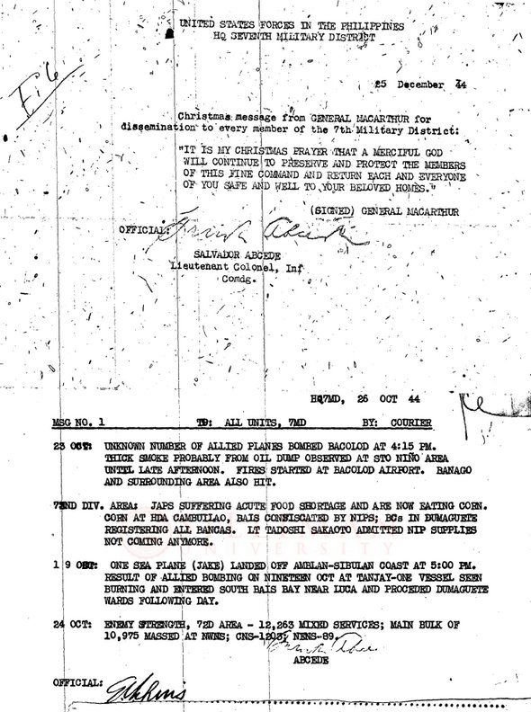 Thumbnail for Christmas message from General MacArthur for dissemination to every member of the 7th Military District