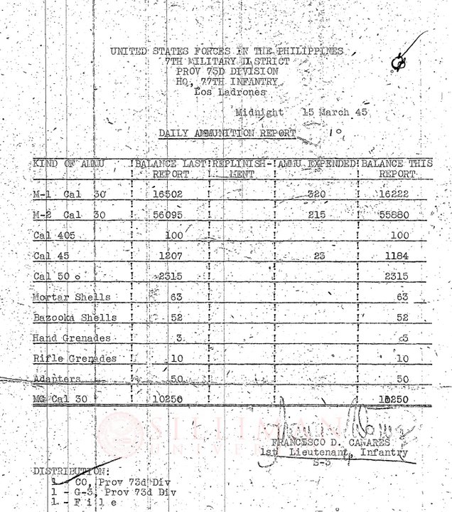 Thumbnail for Daily ammunition report of the 77th Infantry (Provisional 73rd Division), United States Forces in the Philippines