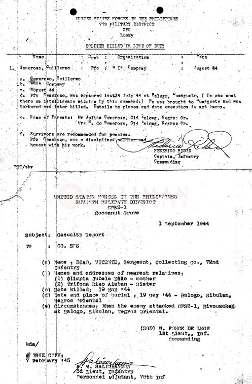 Thumbnail for World War II casualty reports: Pfc. Guillermo Semeroso and Sergeant Vicente Diac, 7th Military District, USFIP, Negros Oriental, 1944