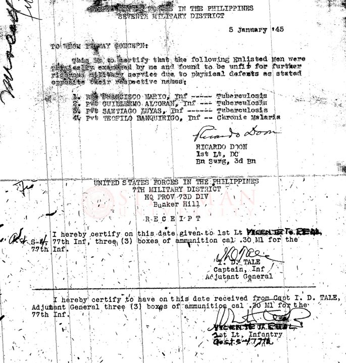 Thumbnail for Certification of unfit enlisted men and ammunition receipt from United States Forces in the Philippines, Seventh Military District