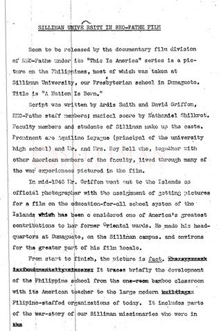 Thumbnail for Silliman University in RKO-Pathe Film: "A Nation Is Born" (Press Release/Announcement Draft)